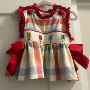Girls' Rainbow Plaid Smocked Tank Top Set with Red Ruffle and Bows